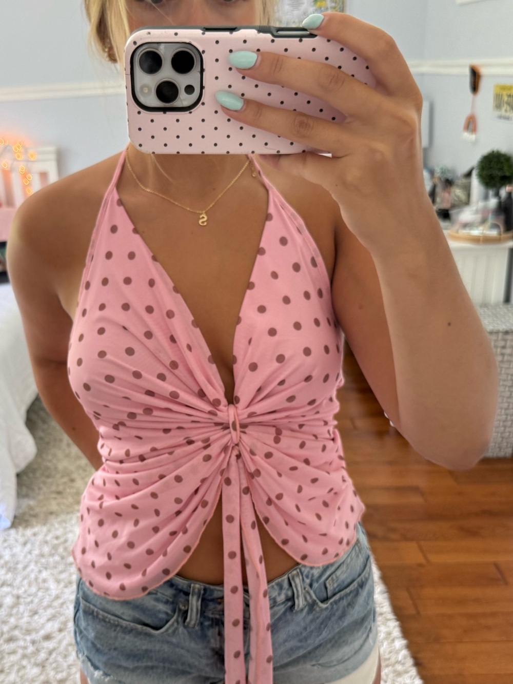 Pink Polka Tie-Front Halter Top